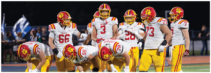 A football game is taking place on a field with players wearing blue and white uniforms. Description generated by AI