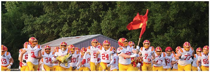 A football game is taking place on a field with players wearing blue and white uniforms. Description generated by AI