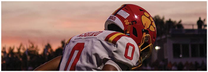 A football game is taking place on a field with players wearing blue and white uniforms. Description generated by AI