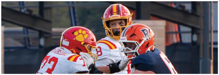 A football game is taking place on a field with players wearing blue and white uniforms. Description generated by AI