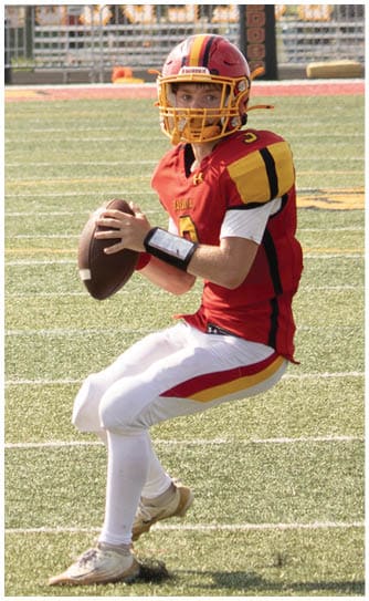 A football player catching a ball. Description generated by AI