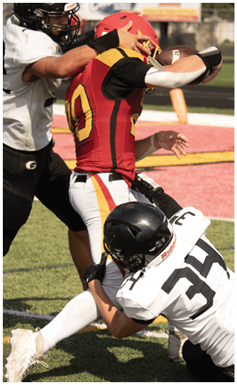 A football player catching a ball. Description generated by AI