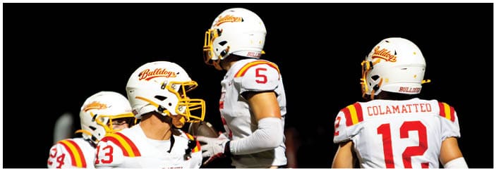 A football game is taking place on a field with players wearing blue and white uniforms. Description generated by AI