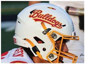 A football player running on the field. Description generated by AI