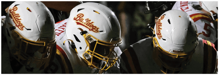 A football game is taking place on a field with players wearing blue and white uniforms. Description generated by AI