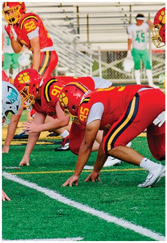 A group of football players celebrating a touchdown. Description generated by AI