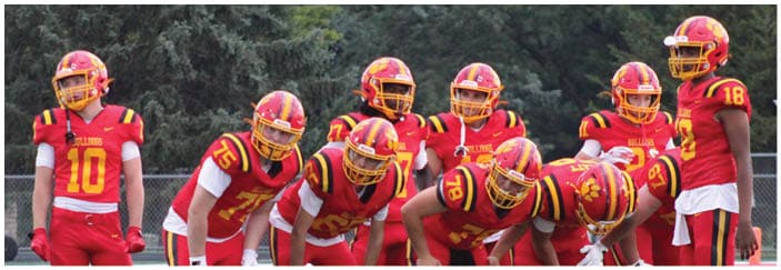 A football game is taking place on a field with players wearing blue and white uniforms. Description generated by AI