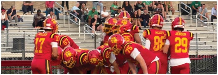 A football game is taking place on a field with players wearing blue and white uniforms. Description generated by AI