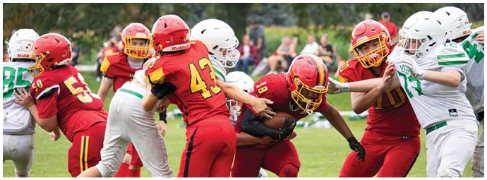 A football player wearing a blue and white uniform. Description generated by AI