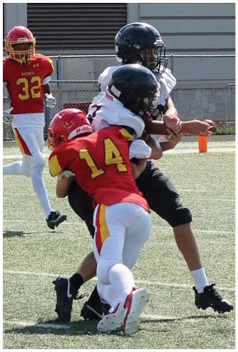 A football game is being played on a field. Description generated by AI
