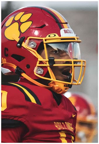 A group of football players celebrating a touchdown. Description generated by AI