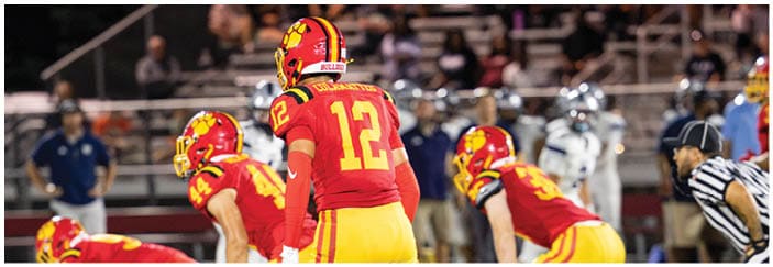 A football game is taking place on a field with players wearing blue and white uniforms. Description generated by AI