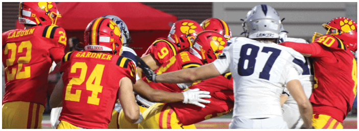 A group of football players on a field. Description generated by AI