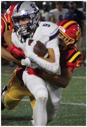 A group of football players celebrating a touchdown. Description generated by AI