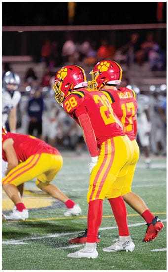 Two football players wearing blue and white uniforms. Description generated by AI