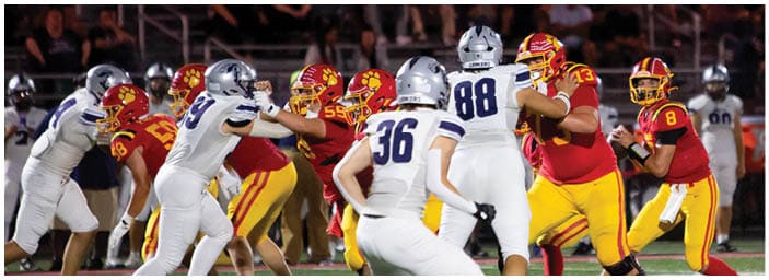A group of football players on a field. Description generated by AI