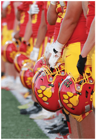 A group of football players celebrating a touchdown. Description generated by AI