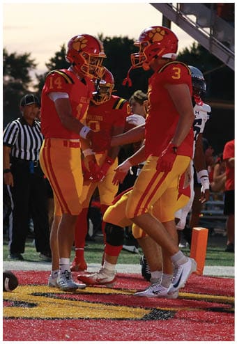 A group of football players celebrating a touchdown. Description generated by AI
