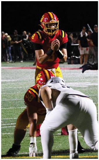 Two football players wearing blue and white uniforms. Description generated by AI