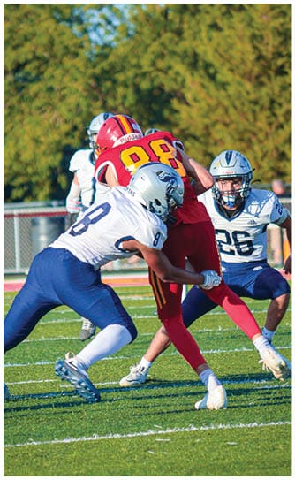 A football player catching a ball. Description generated by AI