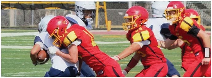 A football player wearing a blue and white uniform. Description generated by AI