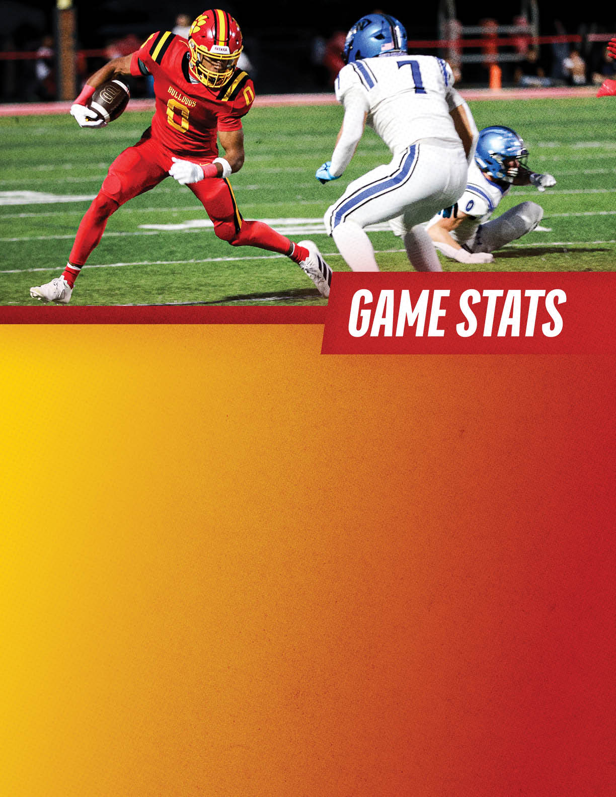 A football player wearing a blue and red jersey. Description generated by AI