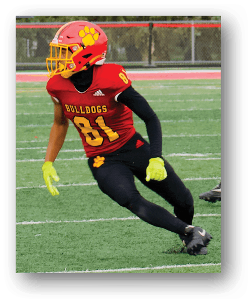 A football player catching a ball. Description generated by AI