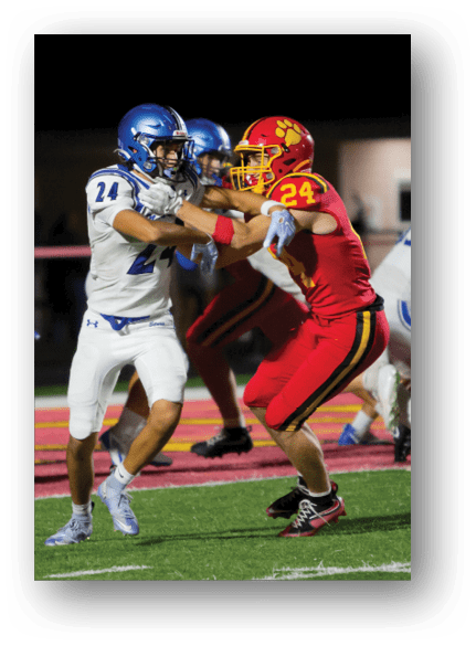 A group of football players celebrating a touchdown. Description generated by AI