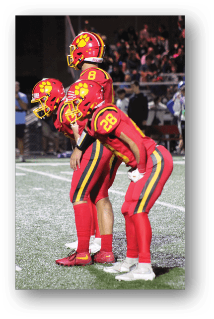 Two football players wearing blue and white uniforms. Description generated by AI