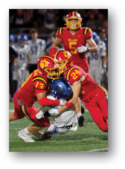 A group of football players celebrating a touchdown. Description generated by AI