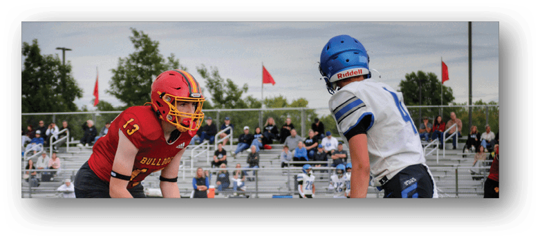 A football player wearing a blue and white uniform. Description generated by AI