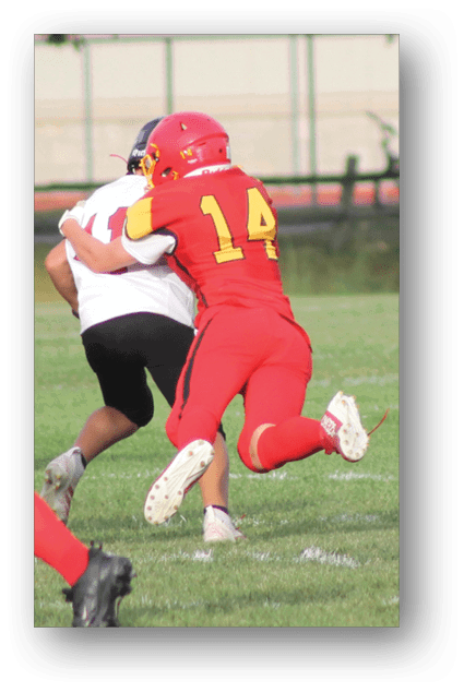 A football player catching a ball. Description generated by AI