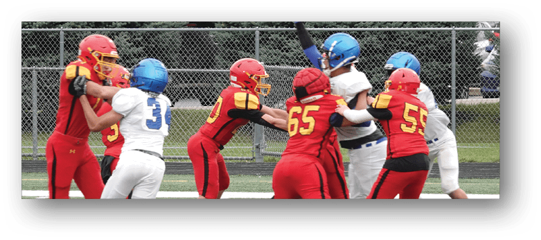 A football player wearing a blue and white uniform. Description generated by AI