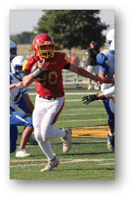 A football player catching a ball. Description generated by AI