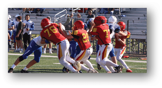 A football player wearing a blue and white uniform. Description generated by AI