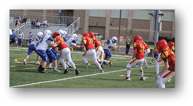 A football player wearing a blue and white uniform. Description generated by AI