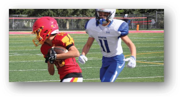 A football player wearing a blue and white uniform. Description generated by AI