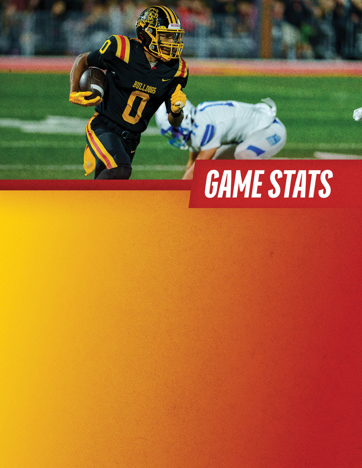 A football player wearing a blue and red jersey. Description generated by AI