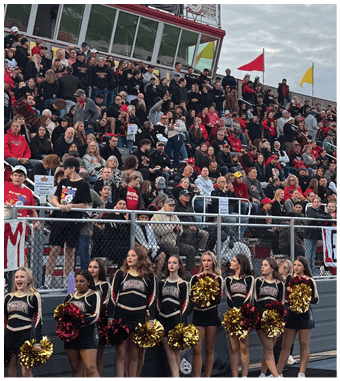 A group of football players celebrating a touchdown. Description generated by AI
