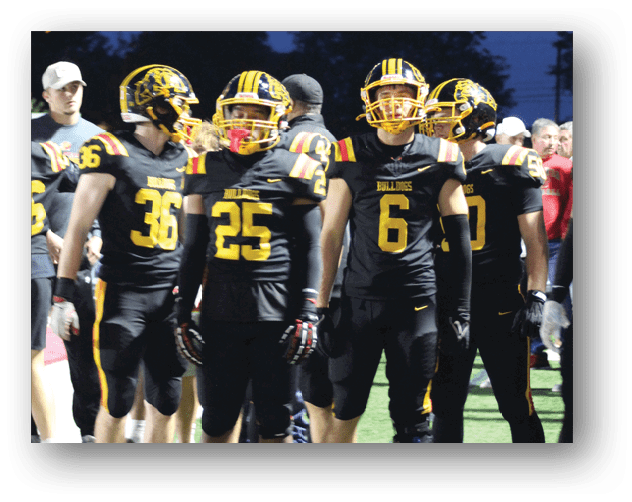 A football game is taking place on a field with players wearing blue and white uniforms. Description generated by AI