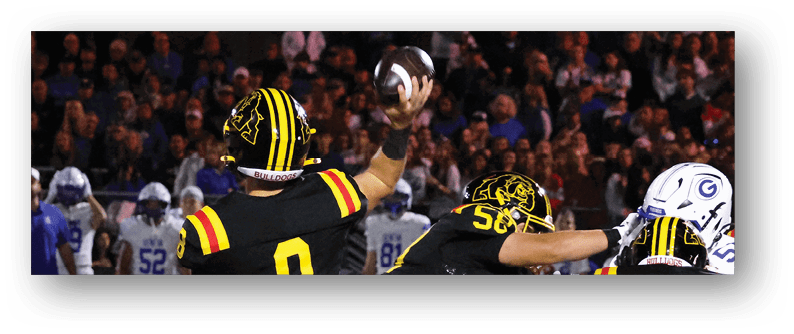 A football game is taking place on a field with players wearing blue and white uniforms. Description generated by AI