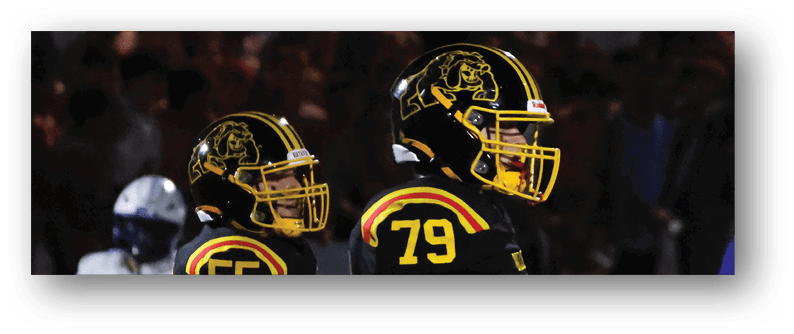 A football game is taking place on a field with players wearing blue and white uniforms. Description generated by AI