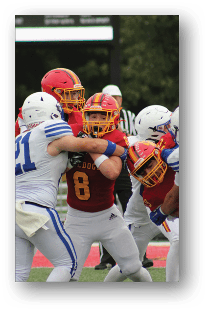 A football player catching a ball. Description generated by AI