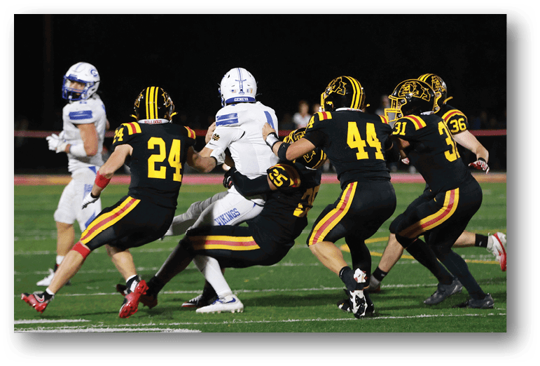 A group of football players on a field. Description generated by AI