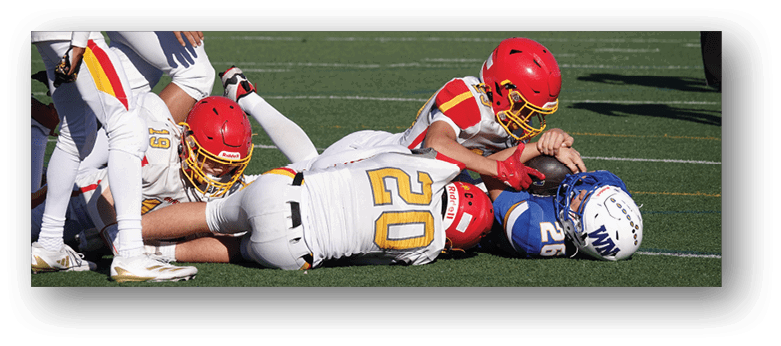 A football player wearing a blue and white uniform. Description generated by AI