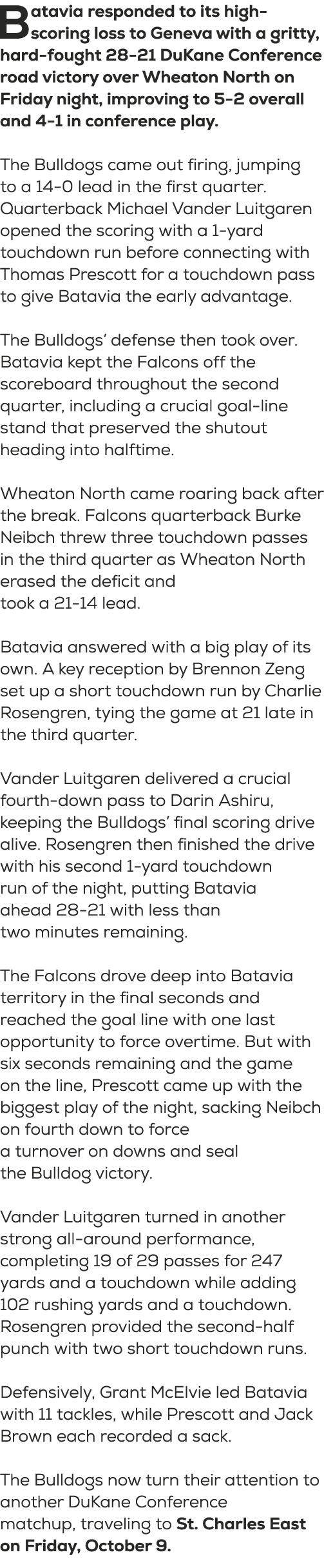 Batavia responded to its high scoring loss to Geneva with a gritty, hard fought 28 21 DuKane Conference road victory ...
