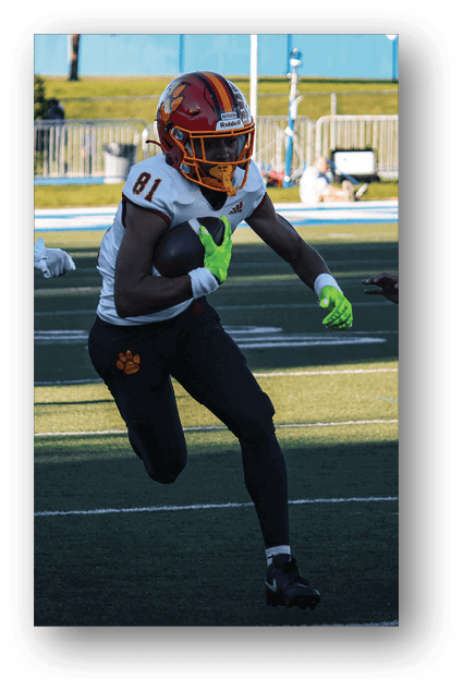 A football player catching a ball. Description generated by AI