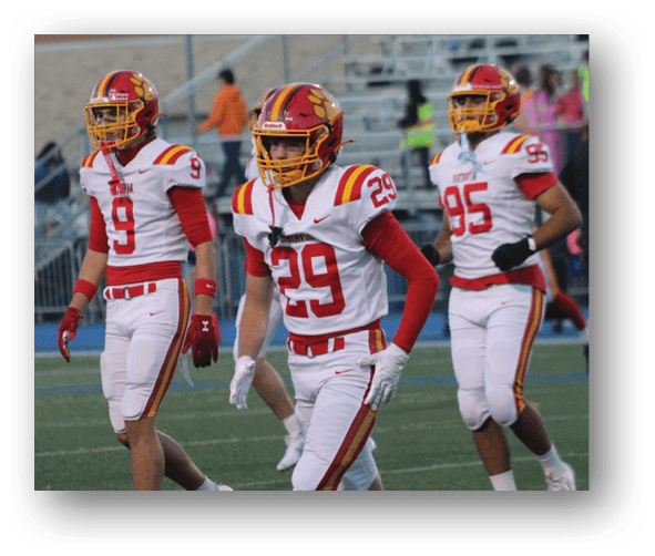 A group of football players celebrating a touchdown. Description generated by AI