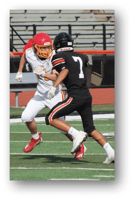 A football player catching a ball. Description generated by AI