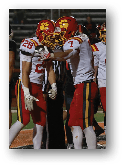A group of football players celebrating a touchdown. Description generated by AI